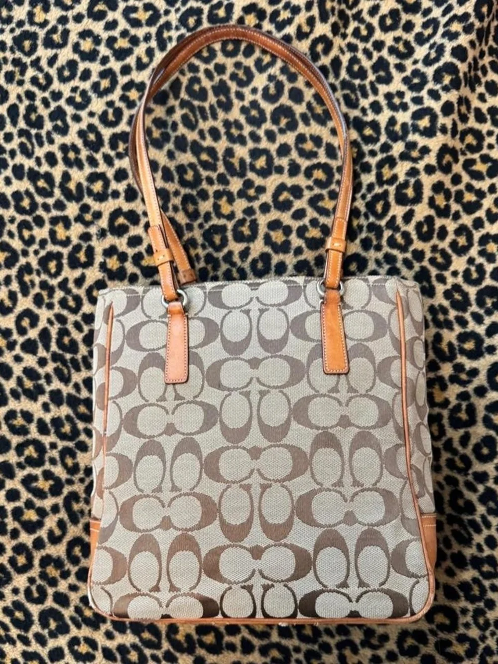 Coach Brown Signature Canvas Shoulder Tote with Tan Leather Trim